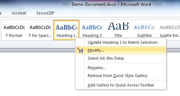 Figure 3. Styles ribbon showing editing options drop-down menu 2) Select Modify. A Modify Style dialog box appears. Figure 4.