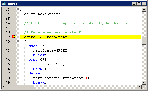 Basic debugging features Figure 116. PC in editor window The Disassembly window provides a disassembly of the selected object file.