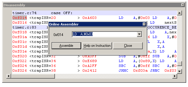 Basic debugging features 1. Select the address (so that it is highlighted in blue) at which you want to begin your assembler instruction. Right-click the mouse. The contextual menu will open. 2.