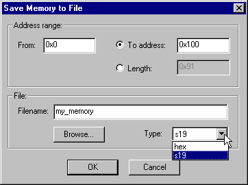 Using these options, the contents of the Memory window can be saved to a file, or previously saved layouts can be restored from a file.