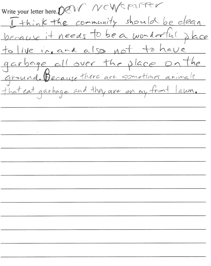 Primary Writing I Level 1 S (continued) The response demonstrates some understanding of the structure of a letter.