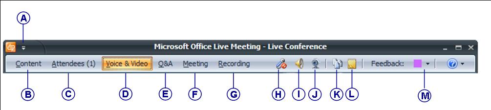 Microsoft Office Live Meeting client Figure 3 below shows the Menu Bar menu items and icons.