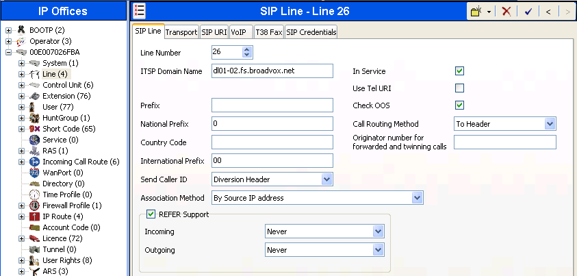 5.4. Administer SIP Line A SIP line is needed to establish the SIP connection between Avaya IP Office and Broadvox SIP Trunking.