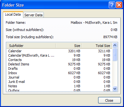 2. Click the Folder Size button. 3. From this window, you can see your total mailbox size as well as the sizes of each subfolder. Personal Folders vs.