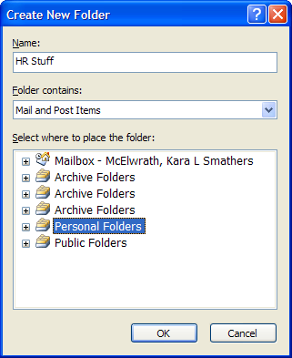 4. In the Create Microsoft Personal Folders dialog box, type a name for the folder and click OK. a. This is the name that will appear in the Navigation Pane in Outlook. b. You can also assign a password, if desired.