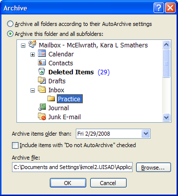e. Select Show archive folder in folder list to have the Archive folder listed in the Navigation Pane.