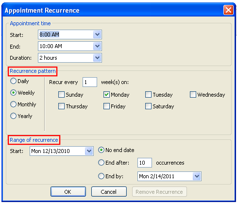 Figure 10 Appointment Recurrence Window 3. Under Range of recurrence, select the appropriate range. 4. When finished, select the OK button.