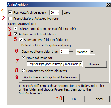 3. Click Advanced 4. Select Auto Archive Settings 5. Apply Archive Settings 1. Run AutoArchive ever (x) days Allows you to set days to run archive 2.