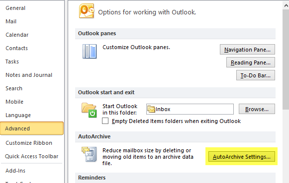 4. In the AutoArchive section, click AutoArchive Settings. 5. In the AutoArchive dialog box, in the Run AutoArchive every text box, select the frequency with which you want Outlook to do an archive.