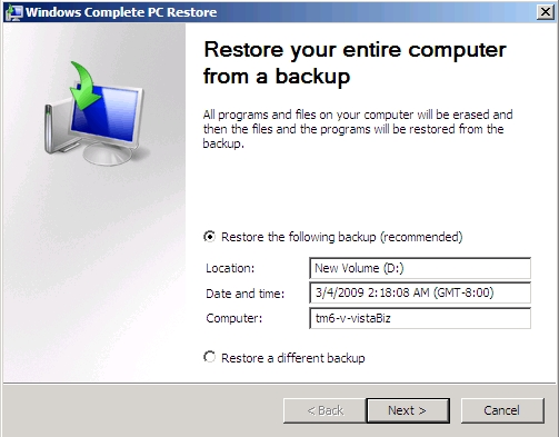 7. Complete PC Restore will search your hard drives and DVD media for any saved backup image.