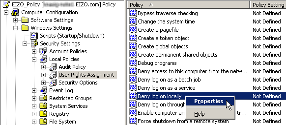 17. The Log on as a service Properties screen reappears. Click [OK]. 18. The Group Policy Object Editor screen reappears.