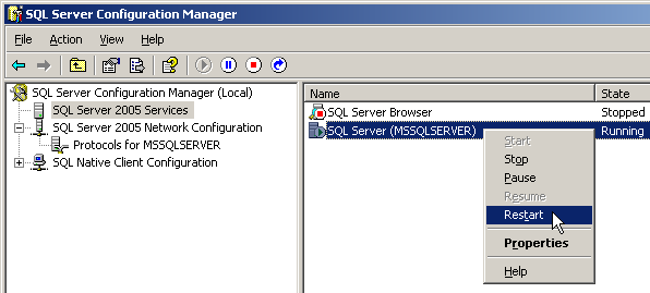 The setting of SQL Server 2005 Express Edition Procedure 1. Click [Start] - [All Programs] - [Microsoft SQL Server 2005] - [Configuration Tools] - [SQL Server Configuration Manager] in Windows. 2. The SQL Server Configuration Manager screen appears.