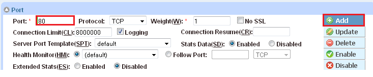 Figure 5: Server configuration 4. To add a port to the server configuration: a. Enter the port number in the Port field. b. Select the Protocol. c. Click Add.