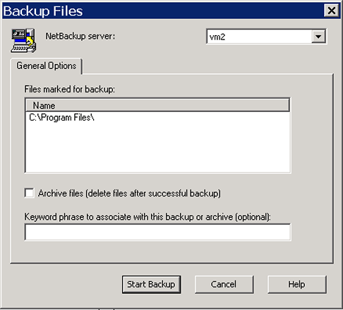 Backing up or archiving Backing up or archiving files and directories 25 4 In the Backup Files dialog box, select or specify any of the following options: NetBackup server To change the NetBackup