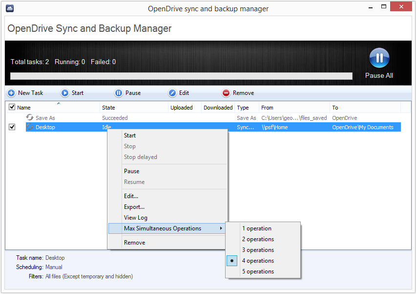 Advanced Sync and Backup Settings Right clicking a sync or backup task allows you the opportunity to access and edit settings, manually stop or start a task, delay