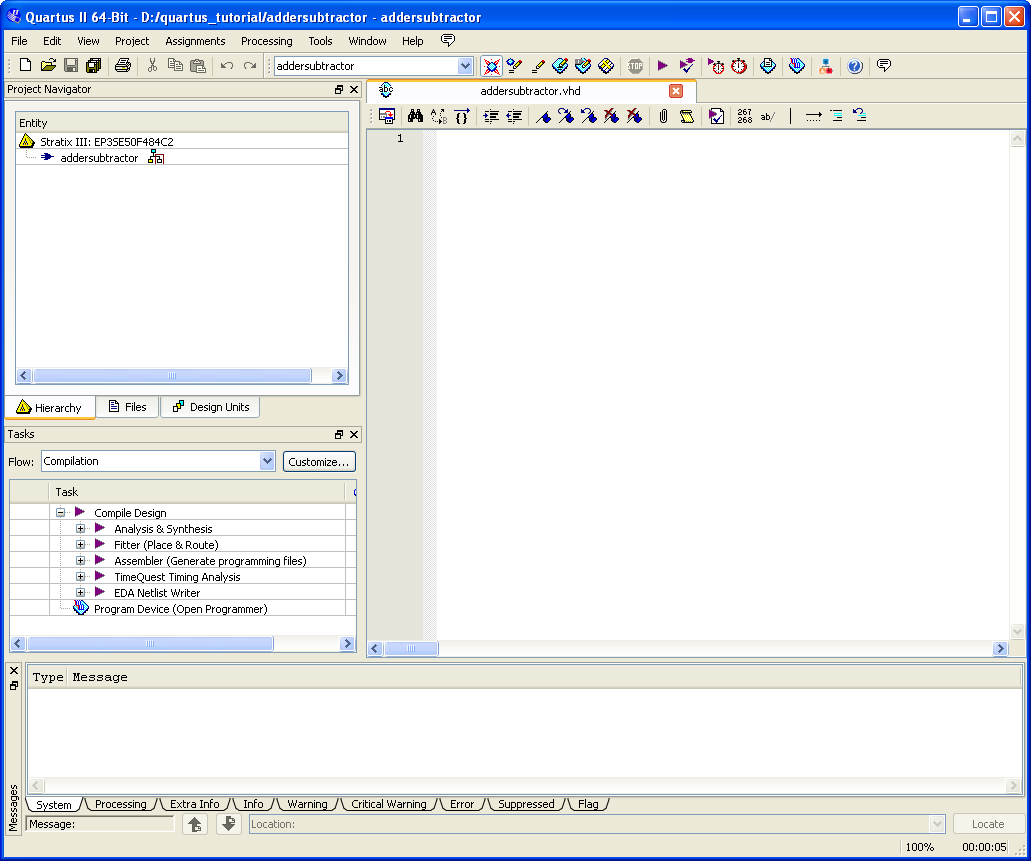 3.1 Using the Quartus II Text Editor 3 DESIGN ENTRY USING VHDL CODE Figure 15: Text Editor window. 3. Enter the VHDL code in Figure 12 into the Text Editor Window, which is located on the right side of the screen.