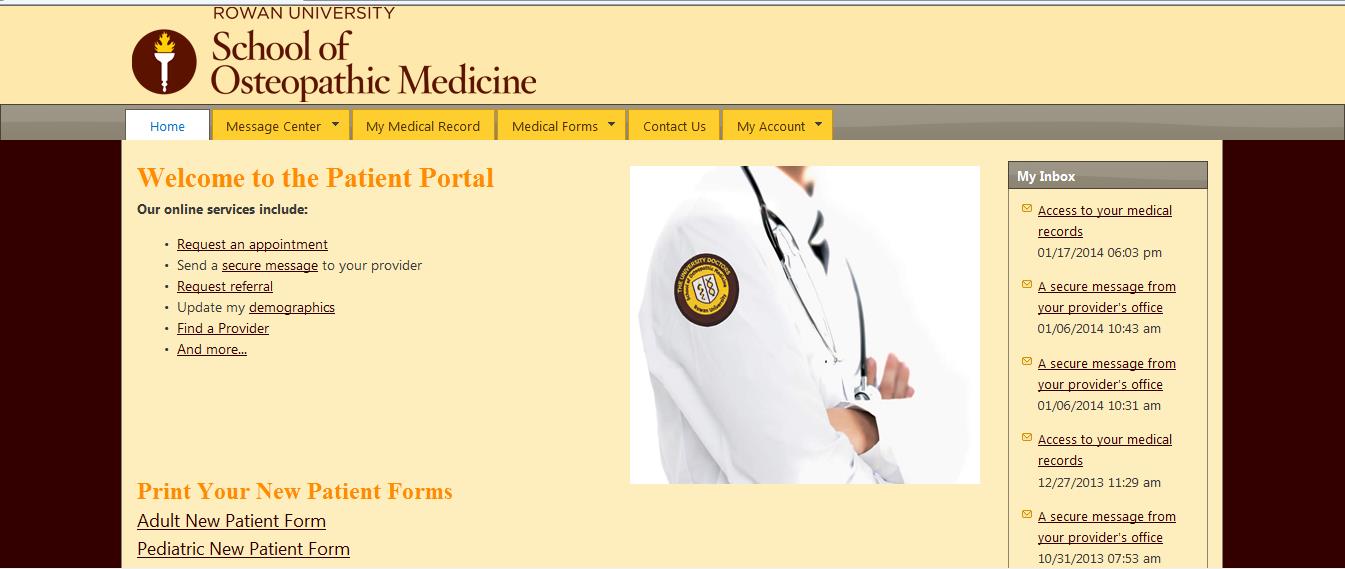 Patient Portal After the Patient Portal Registration is complete, the patient will have the option of going to the Homepage of the portal.