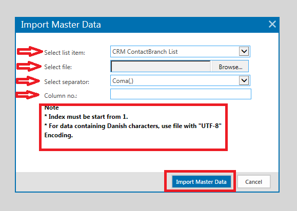 To import master data in keyword list, from admin page, click on Import master data button at the top of the page.