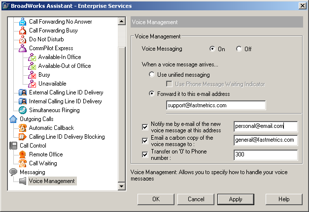 Messaging Voice Management The voice management dialog lets you set various options that pertain to your voicemail. Use unified messaging this is set by default and is unlikely to need to be changed.