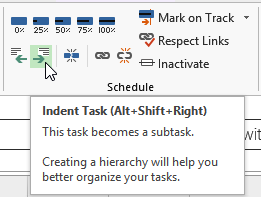 2 On the Task tab, in the Schedule group, click Indent Task. Project promotes task 4 to a summary task and switches it to automatic scheduling.