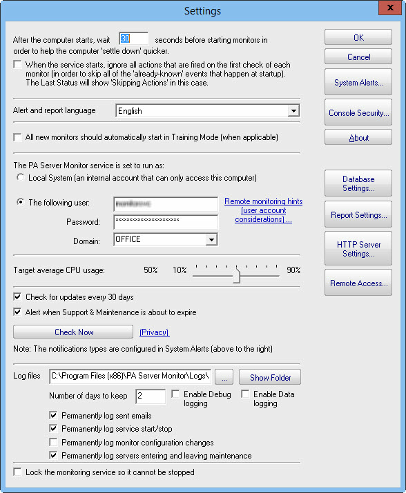 Global Settings The Settings dialog lets you configure global aspects of the monitoring service.