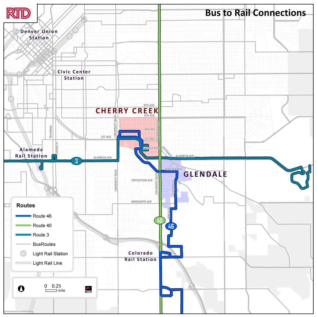 MAP 6: BUS TO RAIL CONNECTIONS Frequency The three routes serving rail stations run all day at fairly consistent service levels.