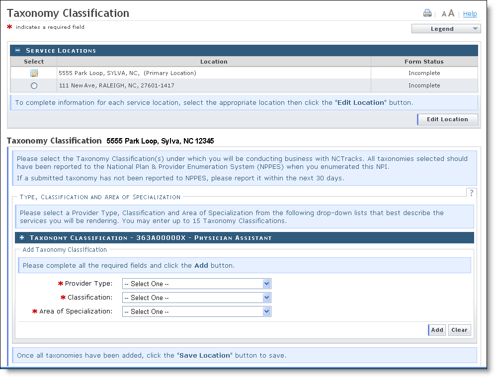 Adding Taxonomies to the Service Location(s) The Taxonomy Classification page will display.