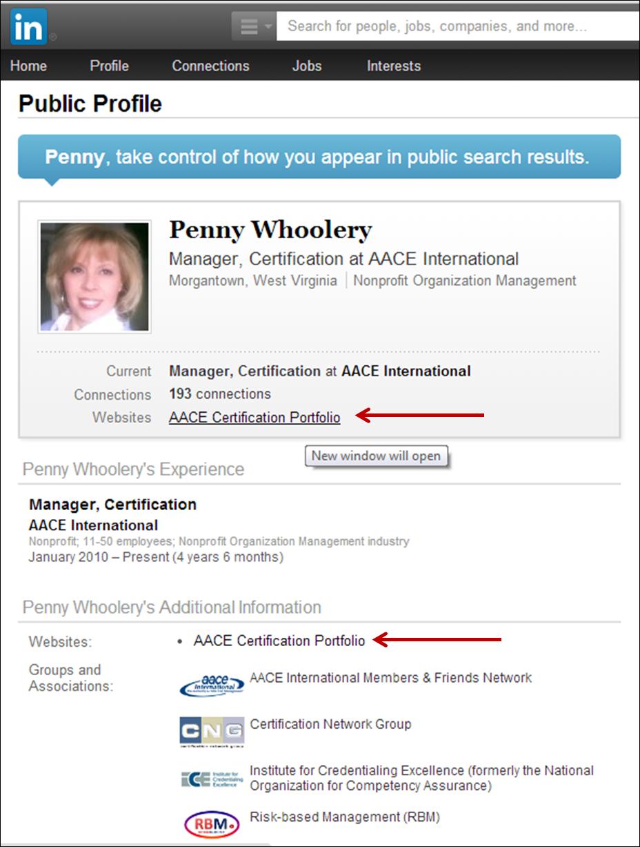 7. Your AACE Certification digital portfolio will be displaced in the Contact Info section of your profile and will show in the newsfeed of all your connections with the
