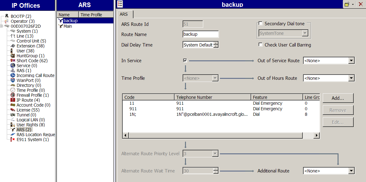 The following screen shows an example ARS configuration for the route named backup, ARS Route ID 51.
