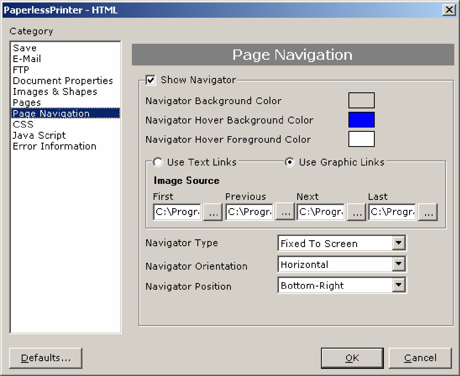 7.2.7 Navigation: Show Navigator Use Show Navigator to display page navigator in the generated HTML file. Navigator is included when the document contains more than one page.