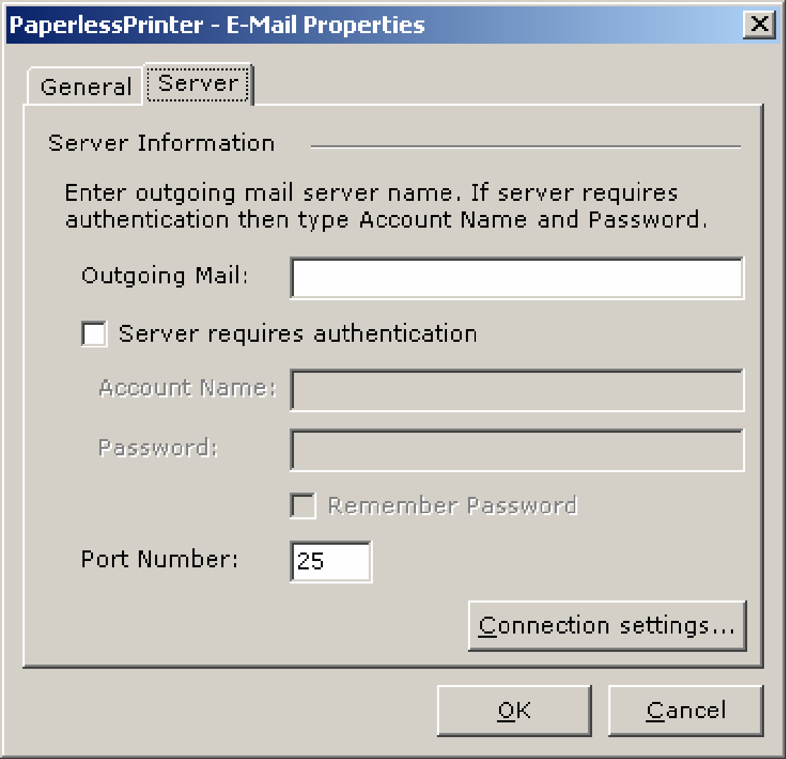 Server Information: Use Server Information to specify the outgoing mail server information.