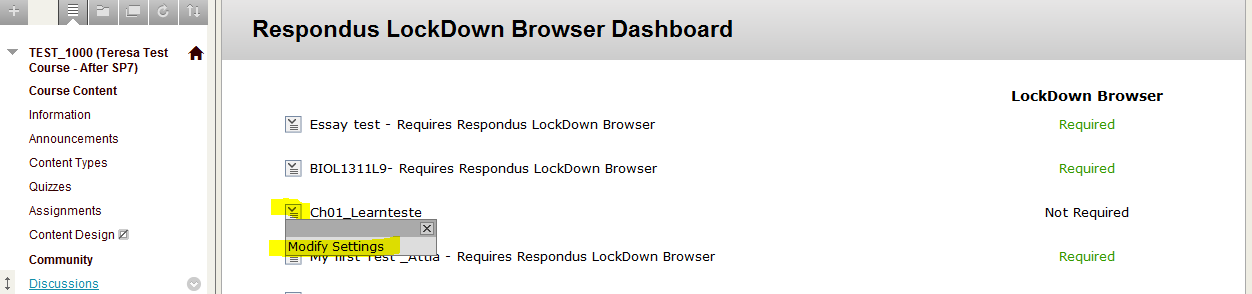 Tests that currently require the use of Respondus LockDown Browser will have their title appended with - Requires Respondus LockDown Browser and show Required next to the Settings button.