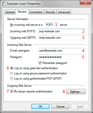 2. Click on the Servers tab and you should this: Steps correspond with the numbers in the image. (1) Make sure that the incoming server is set to POP3 (2) Enter pop.yourdomainname.com (example: pop.