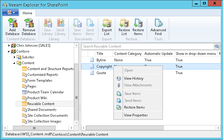 Explorer for SharePoint instant recovery of sharepoint items - Visibility into SharePoint 2010 and 2013 VM backups.