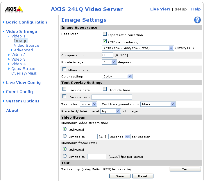 18 AXIS 241Q/241S - Video & image settings Video & image settings You can configure the video and image settings from the following page.
