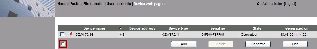 6. The added device can be named by clicking the red pencil symbol for the corresponding device. A maximum of 20 characters are available. 7. Select the devices whose web pages you want to create. 8.