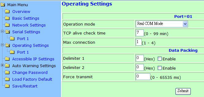 Web Console Configuration Operating Settings Real COM Mode Click on Operating Settings, located under Main Menu, to display the operating settings for both of NPort 5110 s serial ports.