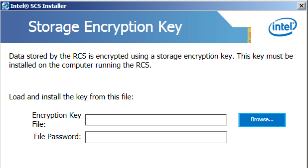 Chapter 3 Setting up the RCS 11. If the database has already been upgraded to version 9.0, the Storage Encryption Key window opens. Figure 3-18: Storage Encryption Key Window a.