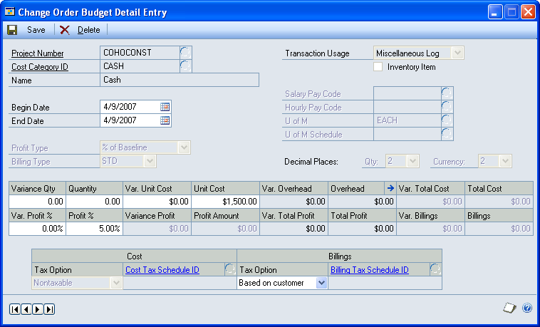 PART 4 COST CONTROL 3. Select a project and cost category. Click the Cost Category ID expansion button to open the Change Order Budget Detail Entry window. 4. You can modify the scheduled utilization for the cost category in the Begin Date and End Date fields.