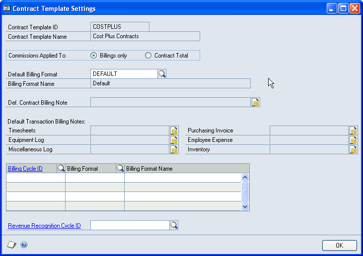 PART 2 COST BUDGETING TEMPLATES Specify billing settings for a contract template You can specify billing settings for a contract template. 1. Open the Contract Template Maintenance window.