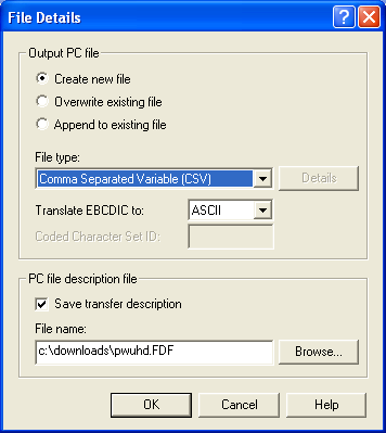 PC: Output Device: The default for this is File. This should not be changed. File Name: This is the name you will be giving the file on the PC and the directory you would like to place this in.