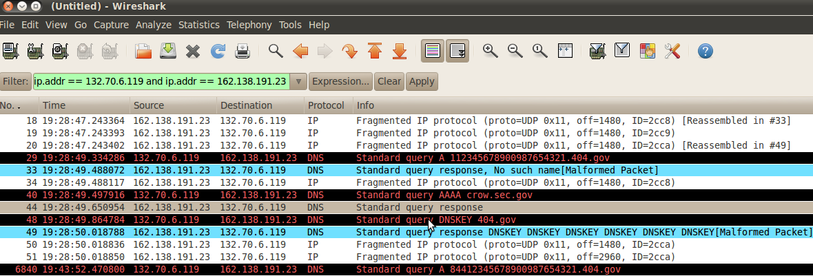 13 Fig. 10. The wireshark capture of the attack, presenting only the packets exchanged between the name server 162.183.191.23 and the resolver.