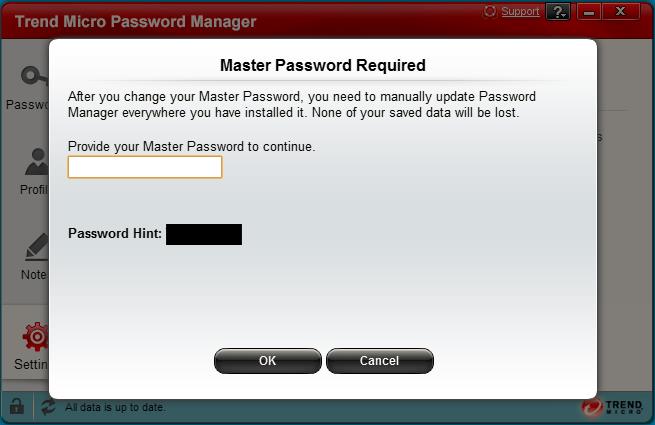 A dialog appears, requiring you to enter your Master Password to continue. Figure 46. Master Password Required 4. Enter your current Master Password and click OK.