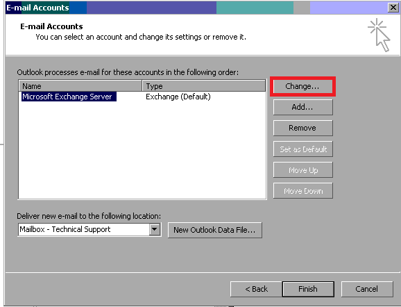 In the E-mail Accounts wizard window select "View or change existing e-mail accounts" and then click Next.
