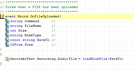 Integrating with the native shell Sound recorder interface Each button is directly connected to a corresponding shell command, whereas the On- FileUploaded event deposits the recorded audio file in a