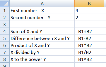 4.Division Calculation: Move the cursor into cell B7. You need to insert formula that calculates the contents of cell B1 divided by cell B2.