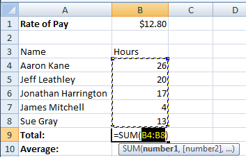 This will place the SUM function into cell B9 and attempt to work out which cells you wish to add up. If it does not get the range correct you can highlight the cells to be added using your mouse.