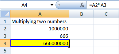 NOTE: If you created the spreadsheet as shown, you should be able to change the contents of cells A2 and A3 to multiply any two numbers together.