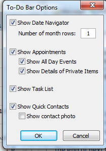 To activate the To-Do Bar Office Outlook 2010 shows the To-Do Bar on the right side of your screen. Right click on the To-Do Bar, and then click Normal.