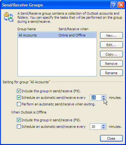 Sending and Receiving Mail The Send/Receive tab on the Outlook Home Page Ribbon: To change the amount of time in between automatic send/receive actions, use the following procedure: 1.